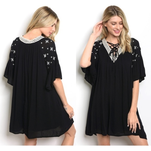 Dresses & Skirts - Boho Dress Flutter Sleeve V Neck Tunic Black
